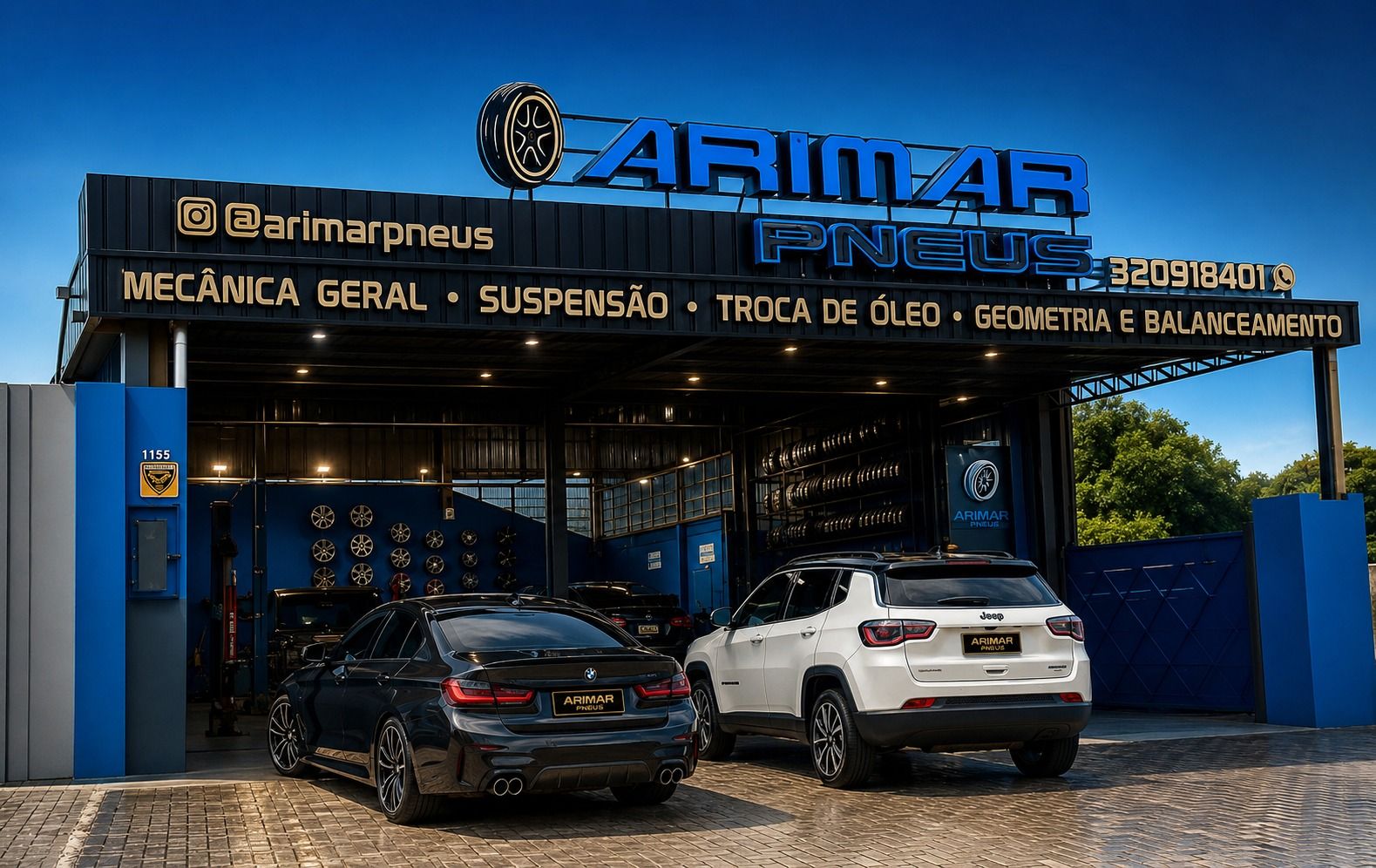 Fachada da Arimar Pneus, auto center completo no Cajuru, Curitiba